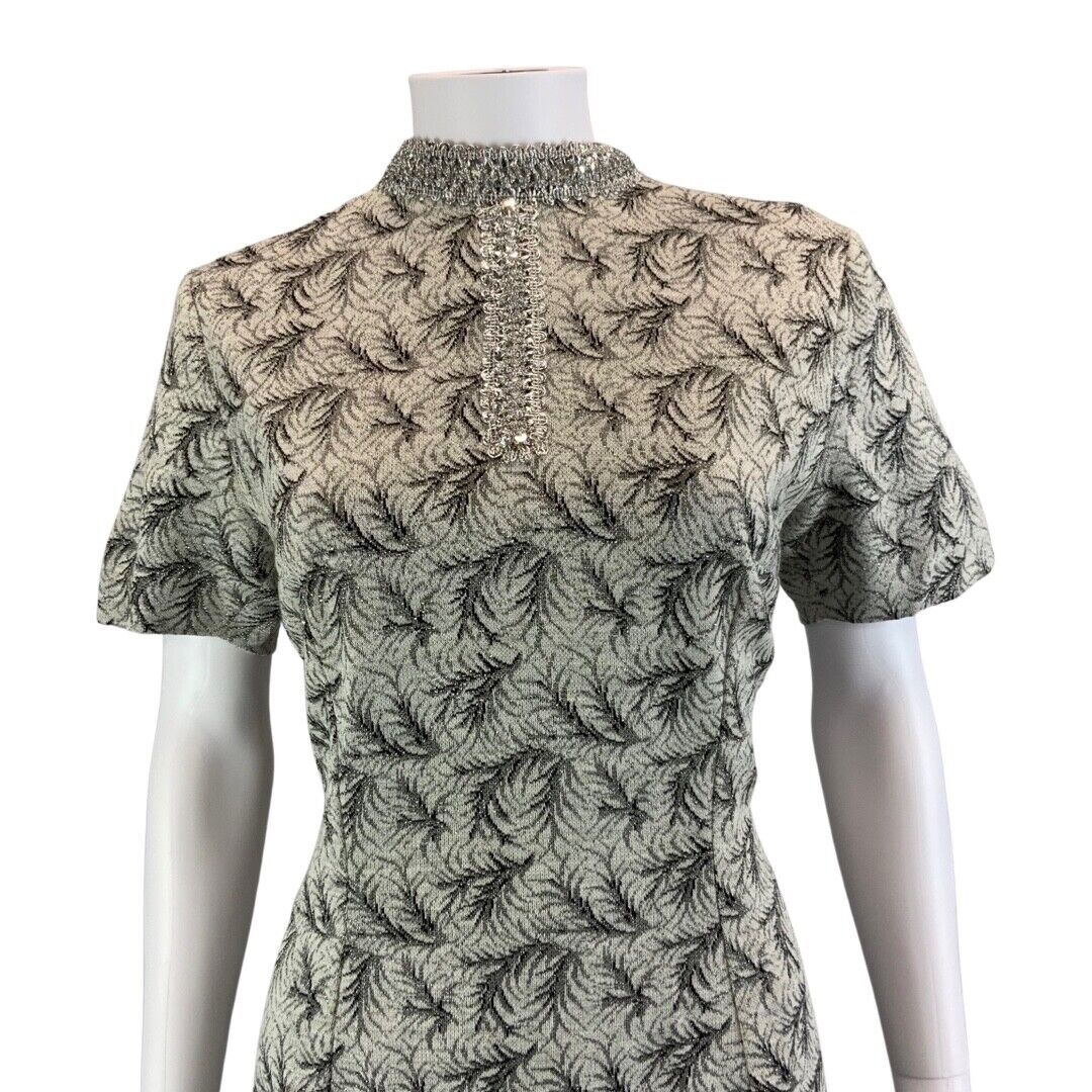 Vintage 60s 70s Silver Grey Embellished Short Sleeve Leaf Pattern Dress 8 10 S