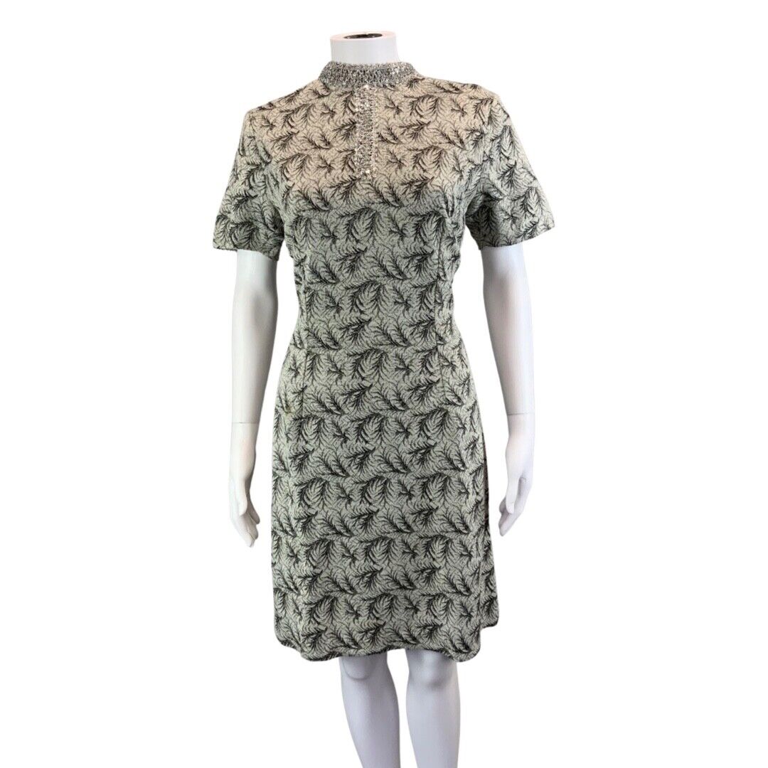 Vintage 60s 70s Silver Grey Embellished Short Sleeve Leaf Pattern Dress 8 10 S