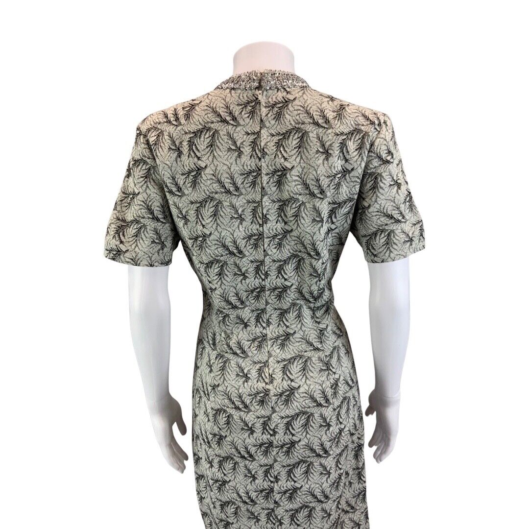 Vintage 60s 70s Silver Grey Embellished Short Sleeve Leaf Pattern Dress 8 10 S