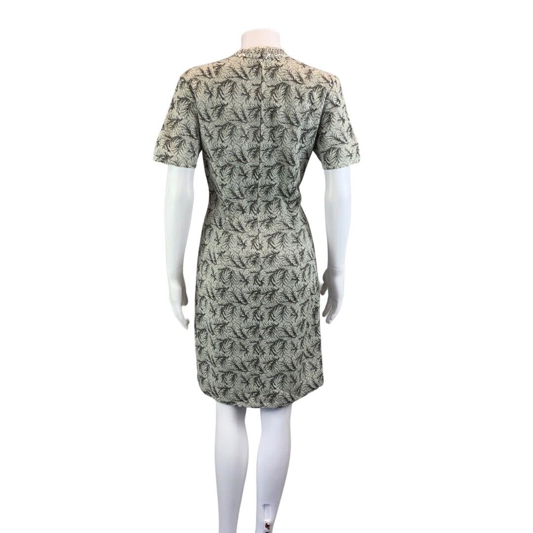 Vintage 60s 70s Silver Grey Embellished Short Sleeve Leaf Pattern Dress 8 10 S