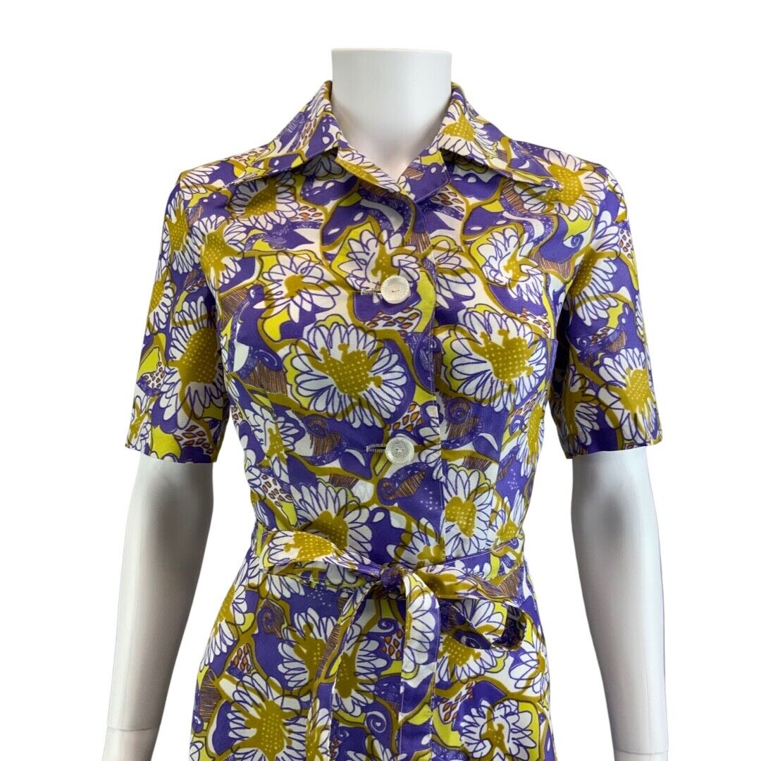 Vintage 70s Purple Yellow Floral Psychedelic Pattern Belted Shirt Dress 8 10 S