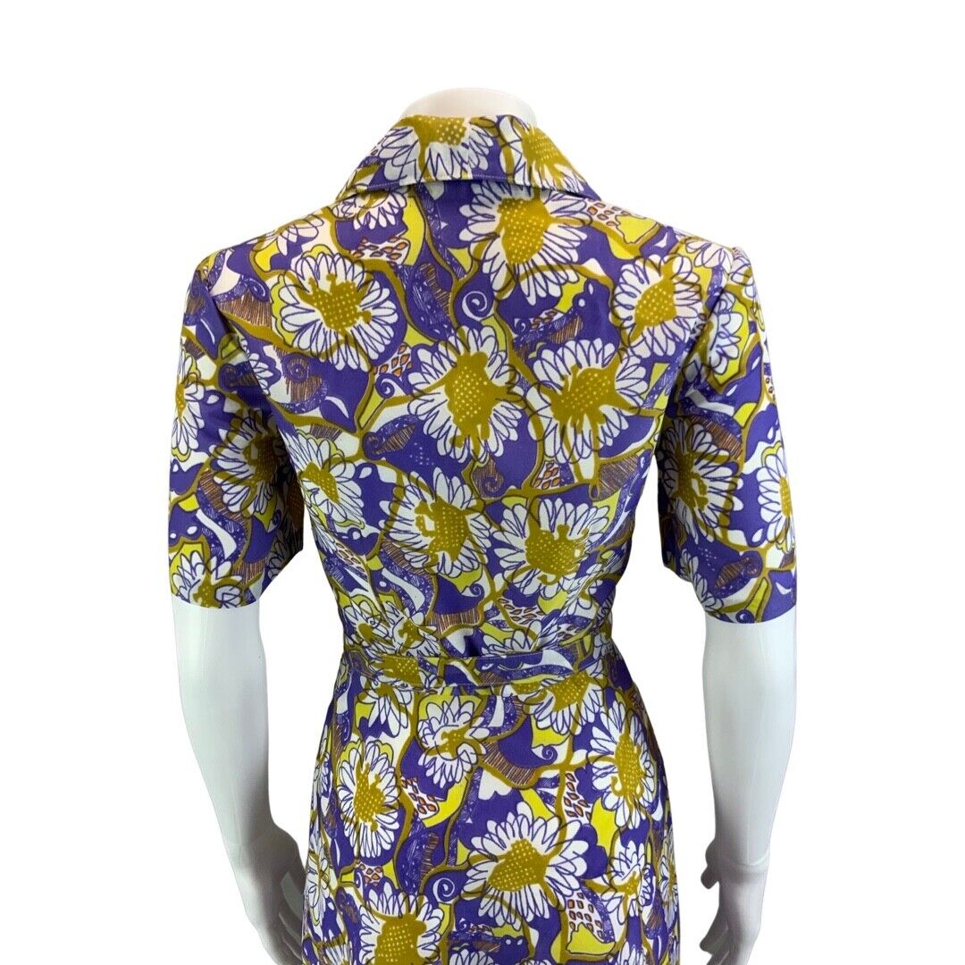 Vintage 70s Purple Yellow Floral Psychedelic Pattern Belted Shirt Dress 8 10 S