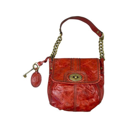 Vintage 90s Red Gold Fossil Leather Shoulder Handbag