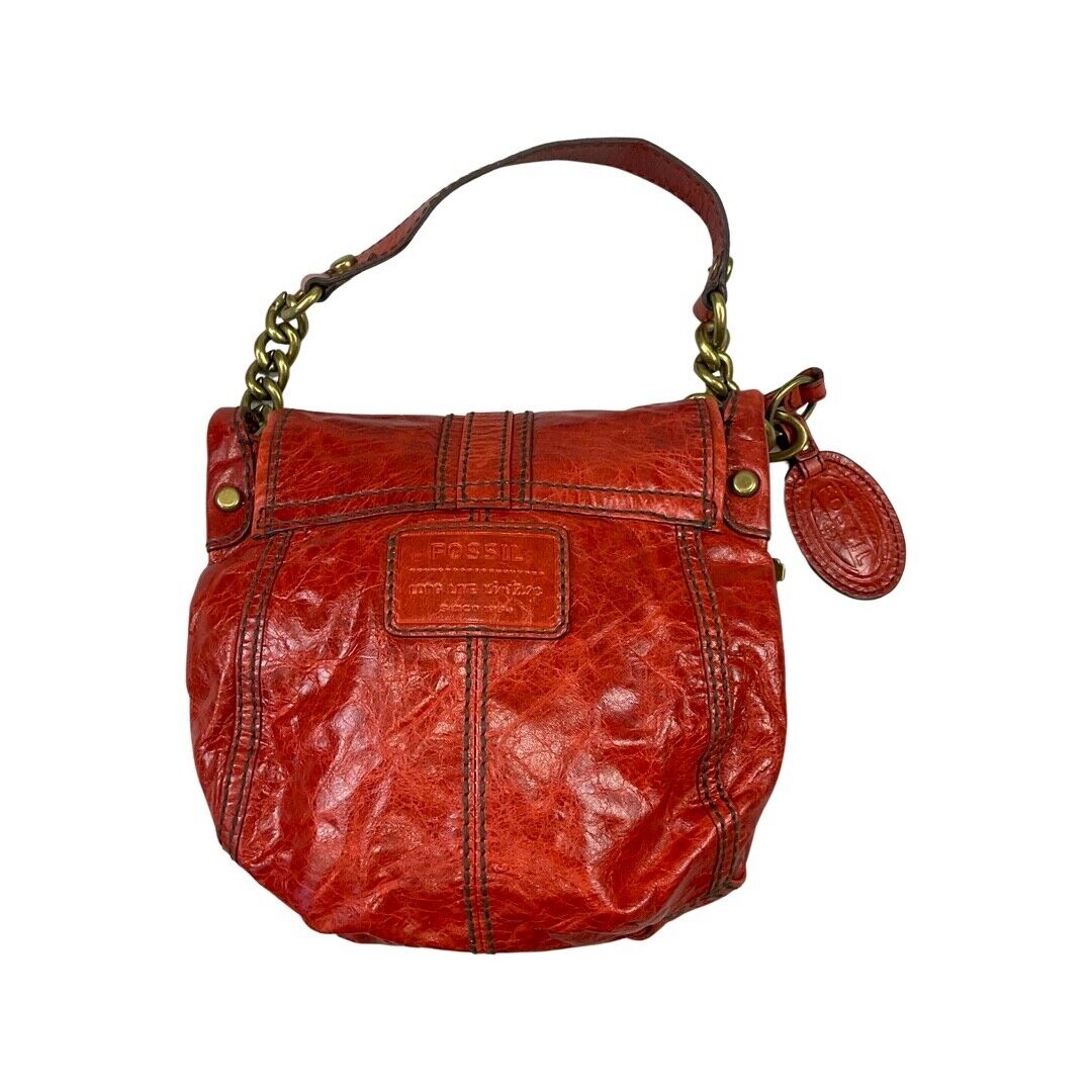 Vintage 90s Red Gold Fossil Leather Shoulder Handbag