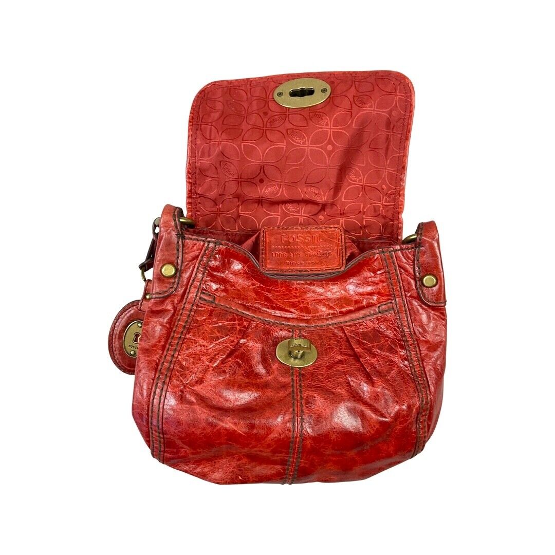 Vintage 90s Red Gold Fossil Leather Shoulder Handbag
