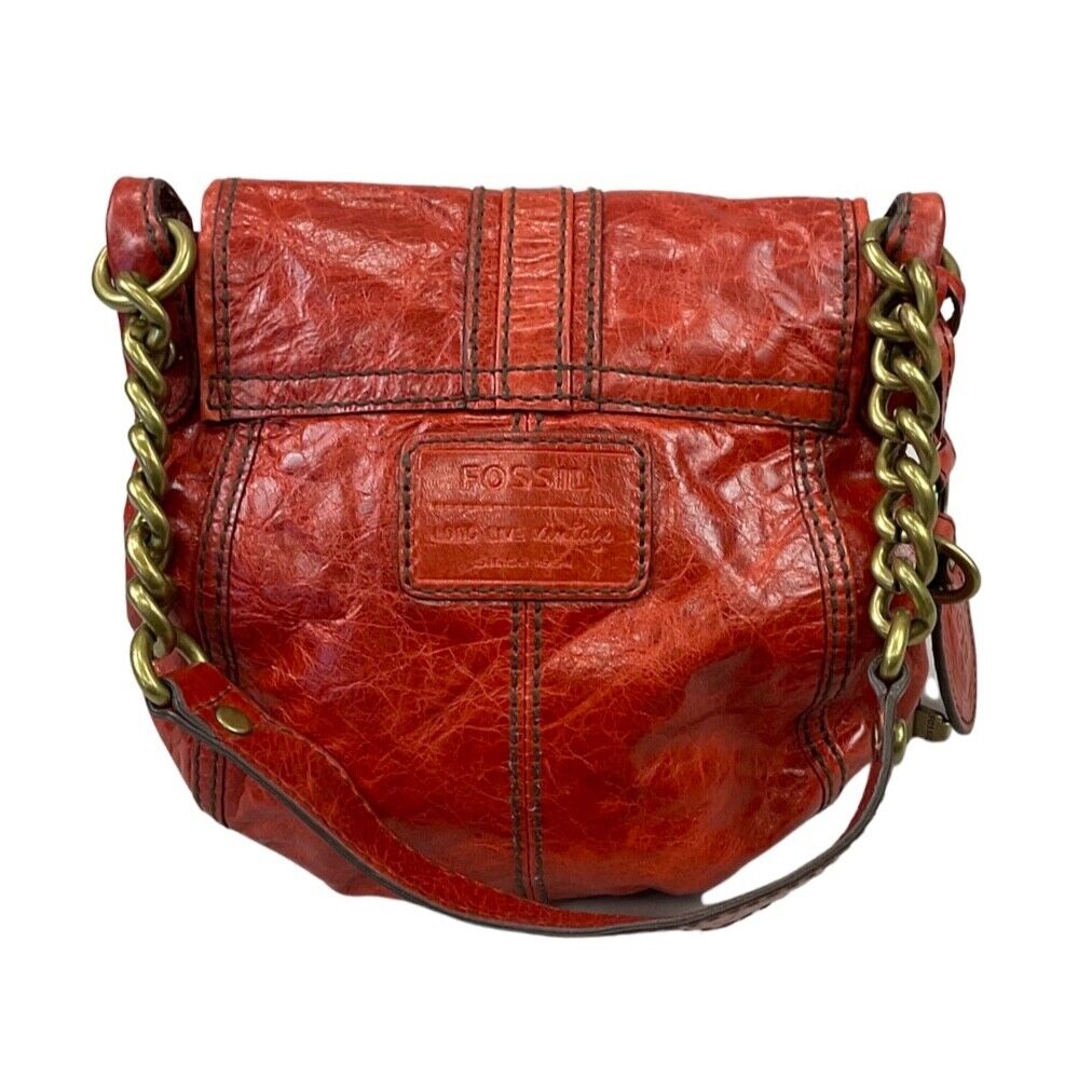 Vintage 90s Red Gold Fossil Leather Shoulder Handbag