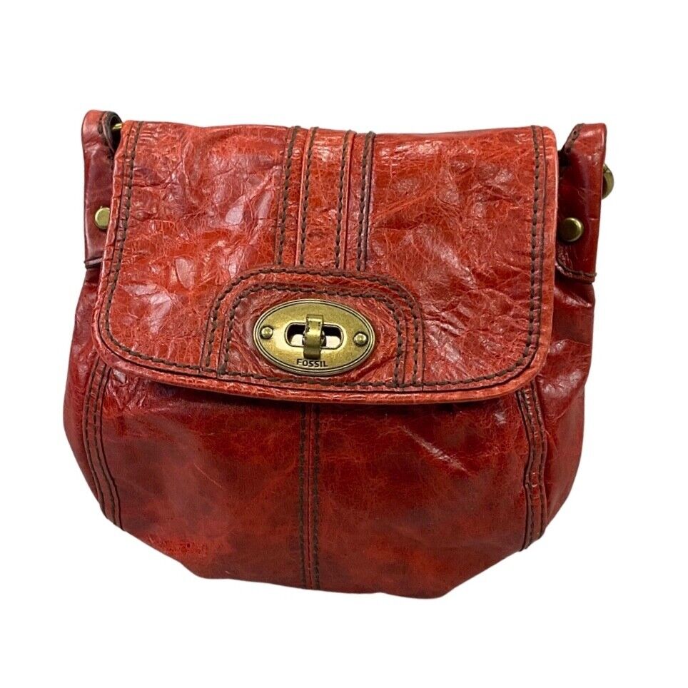 Vintage 90s Red Gold Fossil Leather Shoulder Handbag