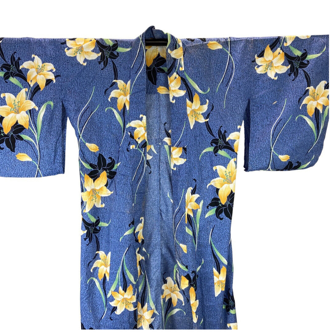 Vintage 80s 90s Blue Yellow Hawaiian Floral Komon Kimono 16 L