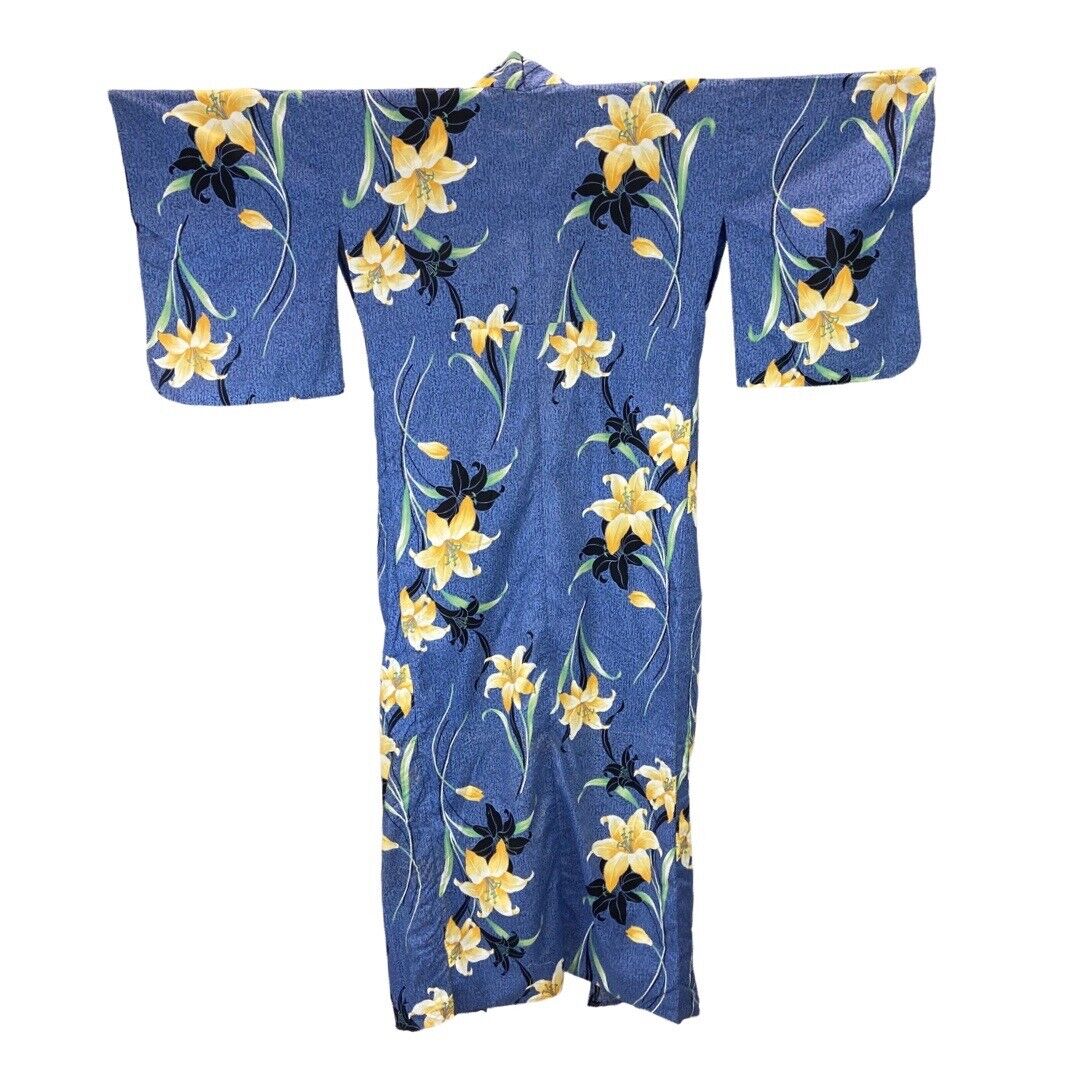 Vintage 80s 90s Blue Yellow Hawaiian Floral Komon Kimono 16 L