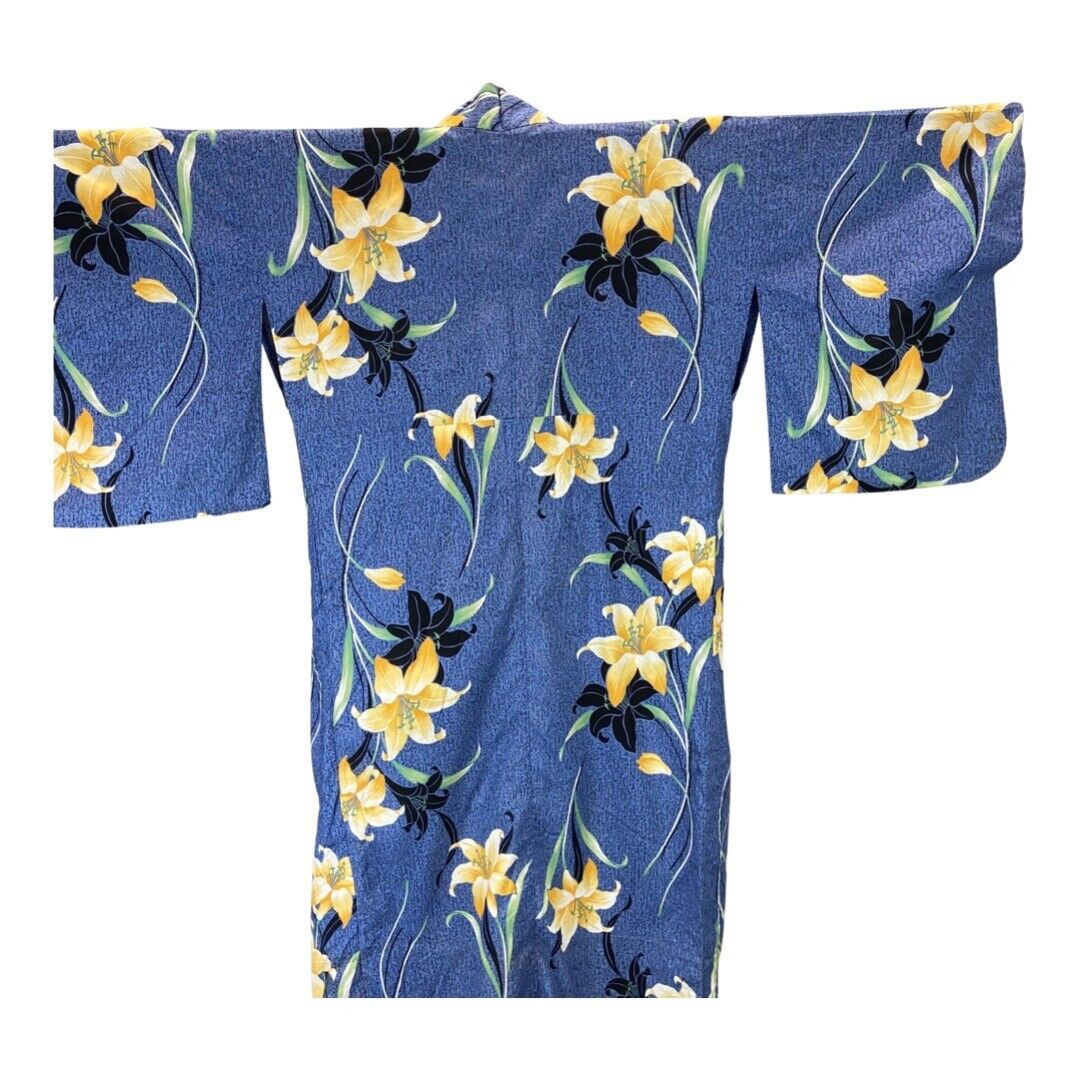 Vintage 80s 90s Blue Yellow Hawaiian Floral Komon Kimono 16 L