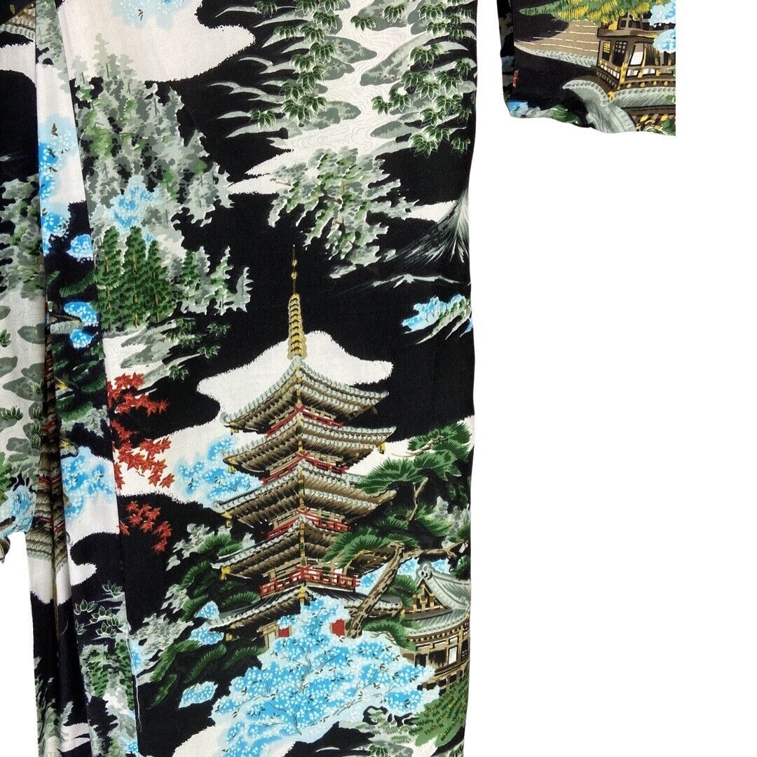 Vintage 80s 90s Black Green Blue Graphic Print Komon Cotton Kimono 16 18 L