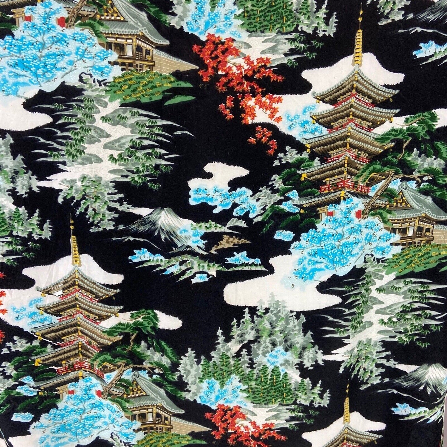 Vintage 80s 90s Black Green Blue Graphic Print Komon Cotton Kimono 16 18 L