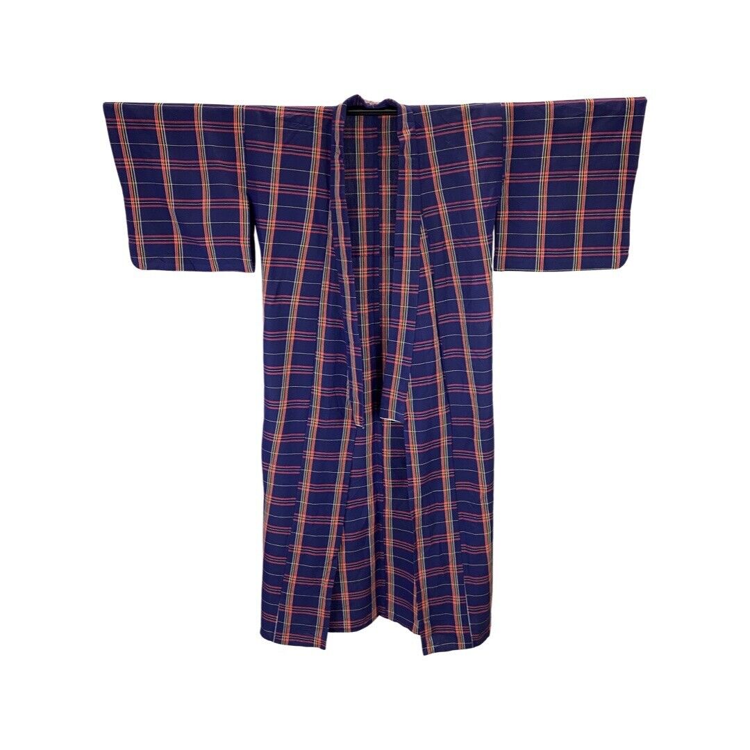 Vintage 80s 90s Indigo Blue Red Yellow Checked Komon Showa Kimono 12 14 M