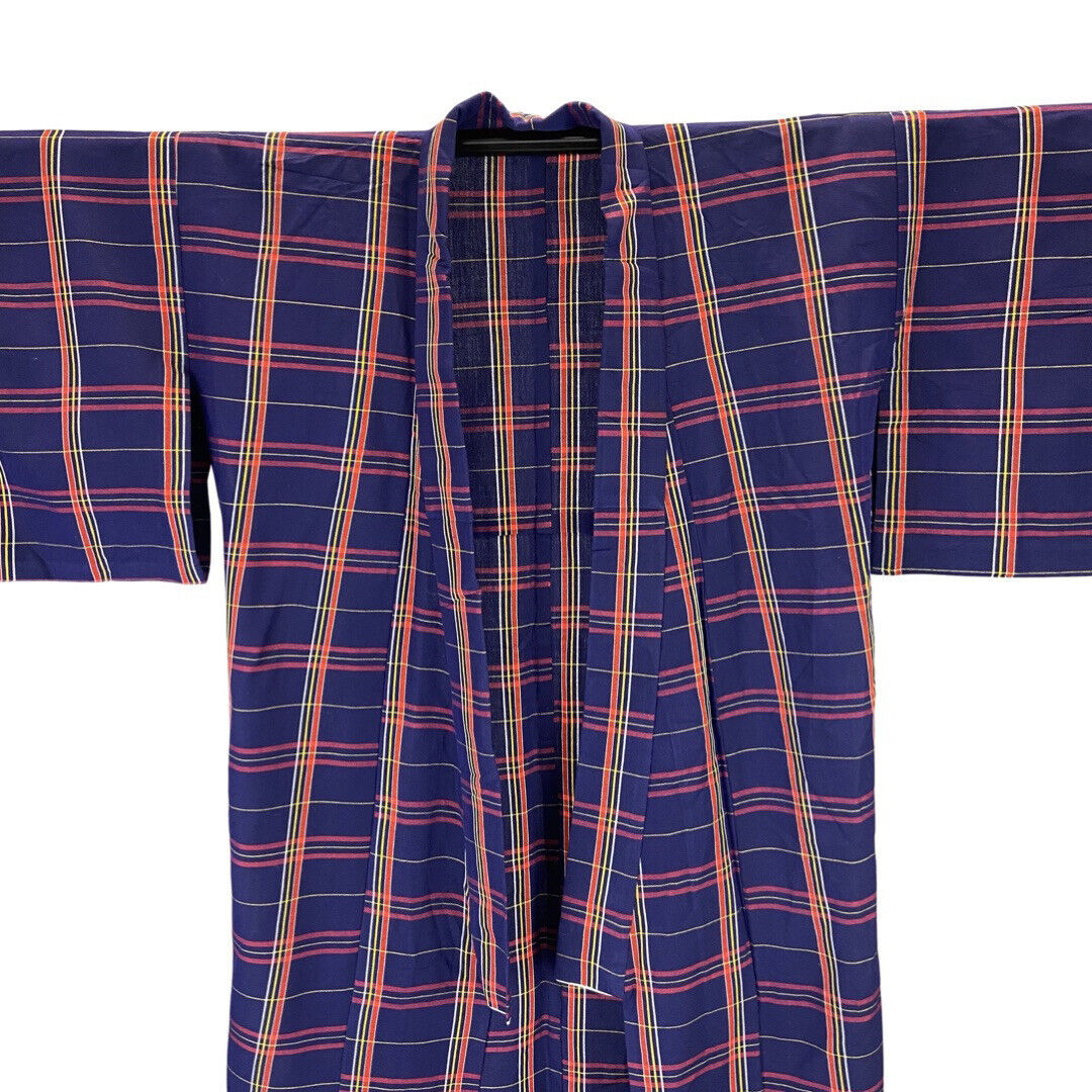 Vintage 80s 90s Indigo Blue Red Yellow Checked Komon Showa Kimono 12 14 M