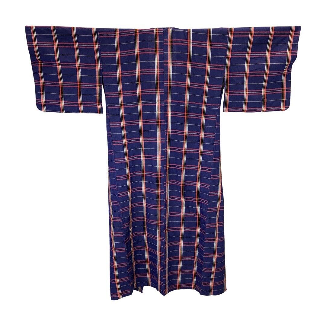 Vintage 80s 90s Indigo Blue Red Yellow Checked Komon Showa Kimono 12 14 M