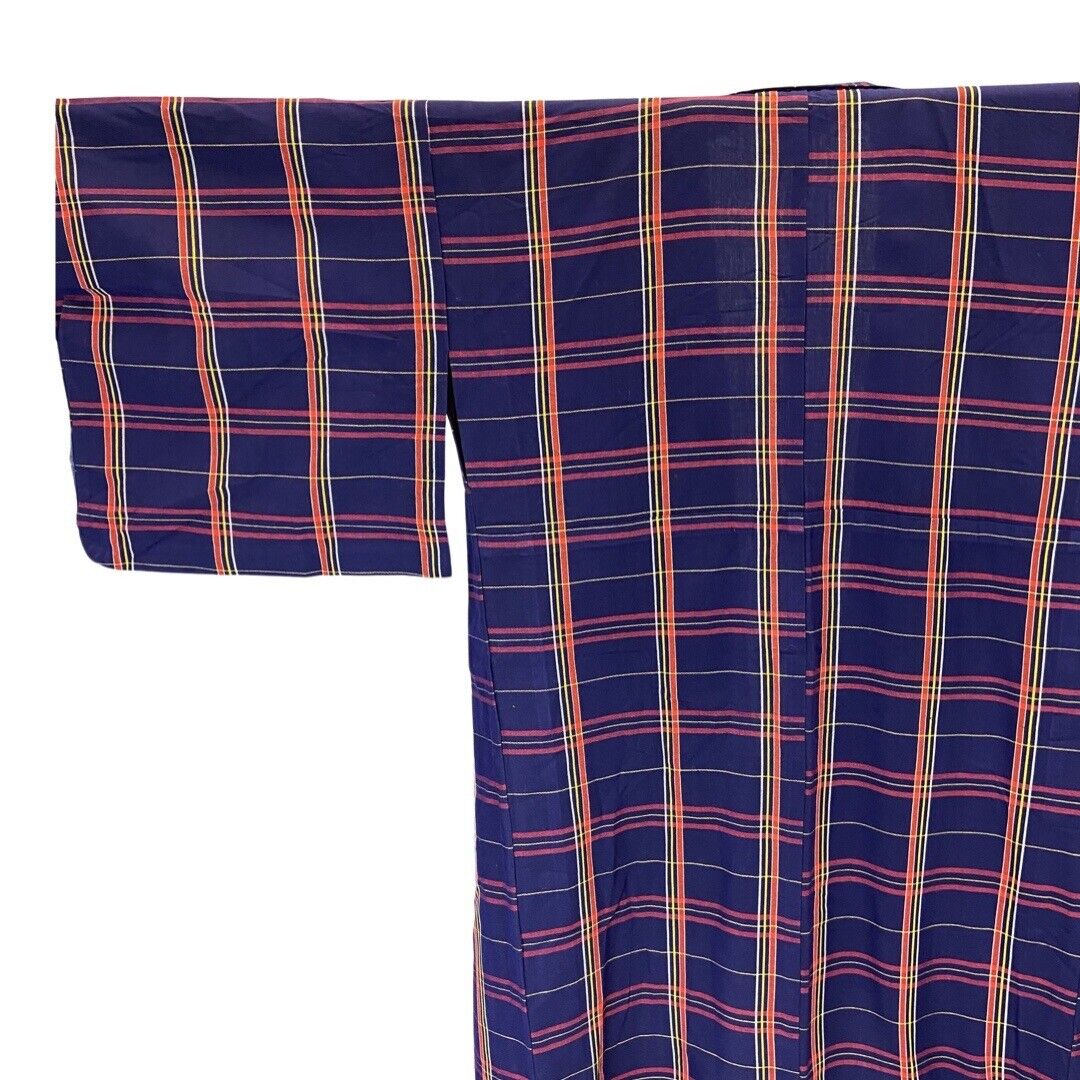 Vintage 80s 90s Indigo Blue Red Yellow Checked Komon Showa Kimono 12 14 M