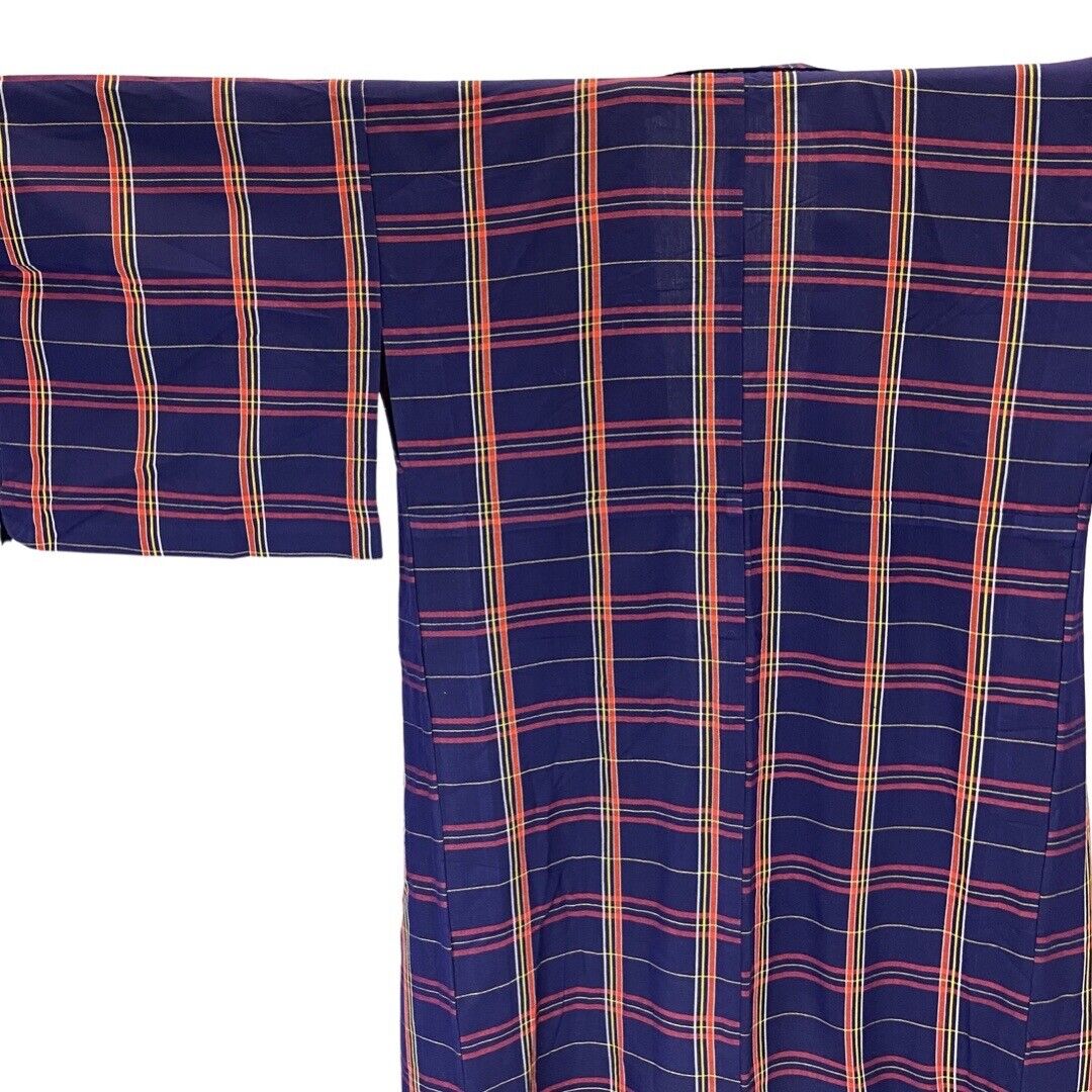 Vintage 80s 90s Indigo Blue Red Yellow Checked Komon Showa Kimono 12 14 M