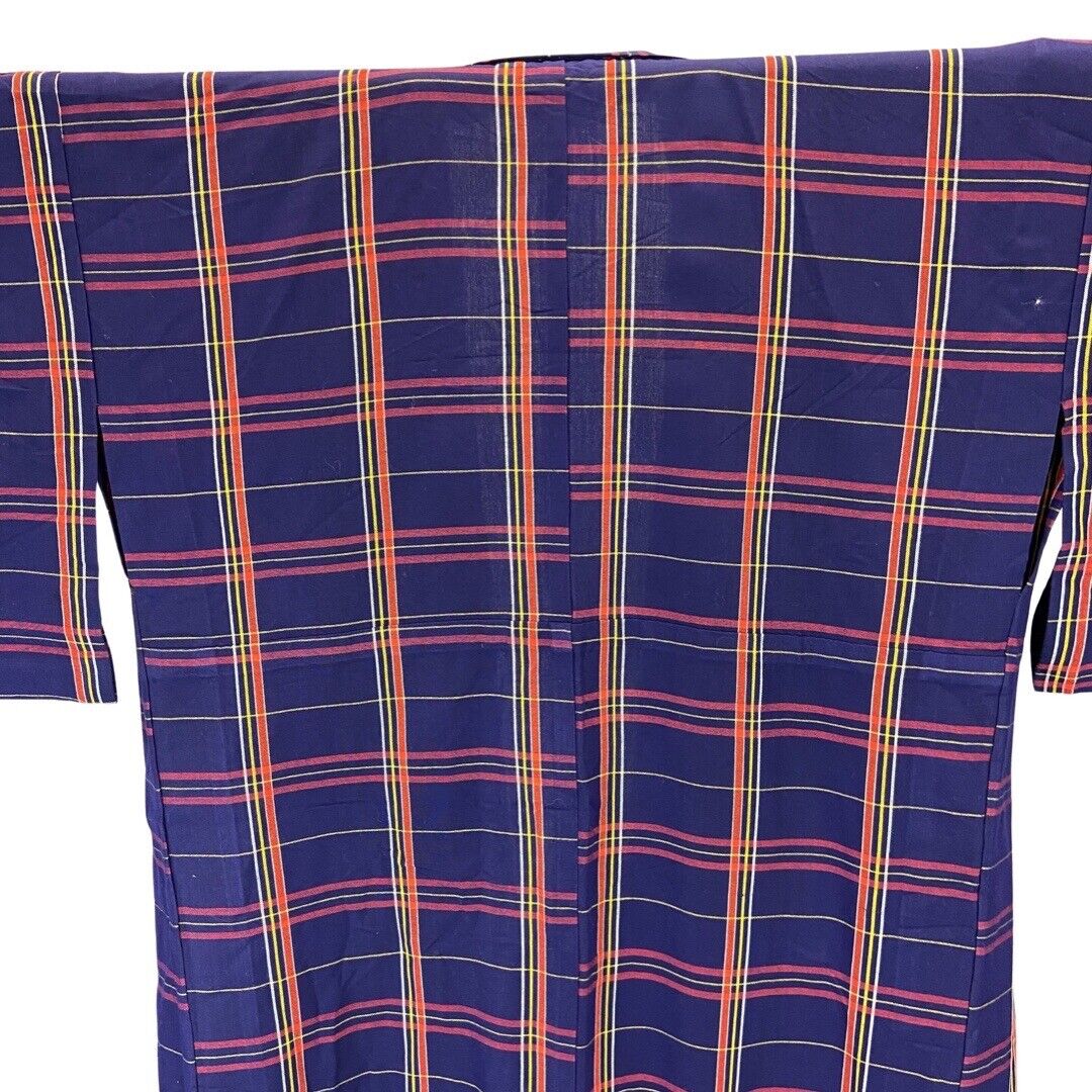 Vintage 80s 90s Indigo Blue Red Yellow Checked Komon Showa Kimono 12 14 M