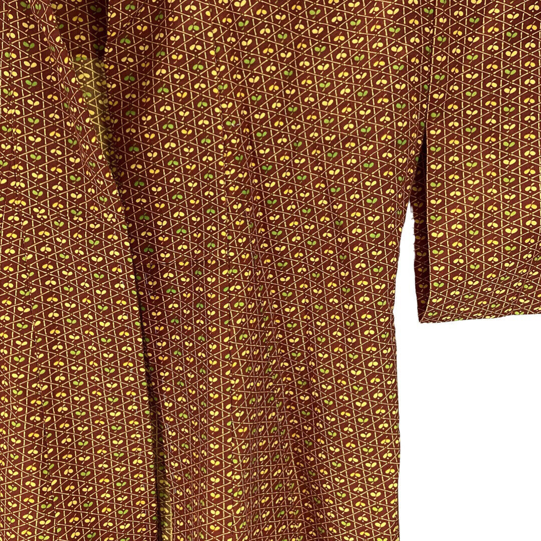 Vintage 80s 90s Brown Orange Geometric Leaf Komon Showa Kimono 16 L