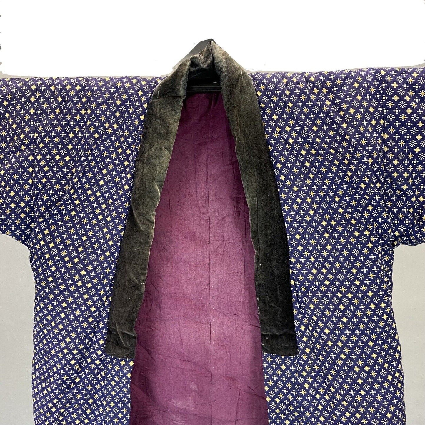 Vintage 80s 90s Navy Blue Geometric Polka Dot Haori Showa Kimono Coat 18 XL