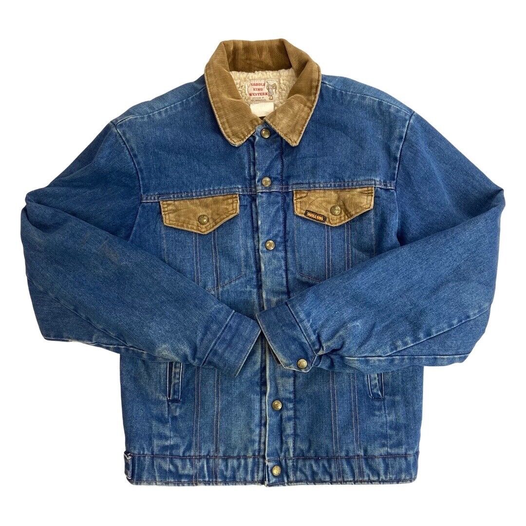 VTG 70s DENIM KEY SADDLE KING WESTERN SHERPA LINED TRUCKER RODEO JACKET 38” S