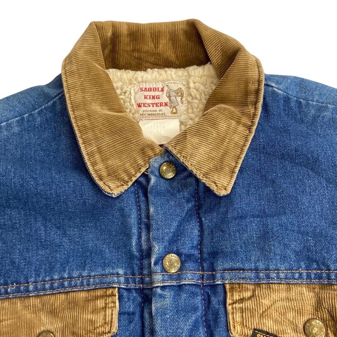VTG 70s DENIM KEY SADDLE KING WESTERN SHERPA LINED TRUCKER RODEO JACKET 38” S