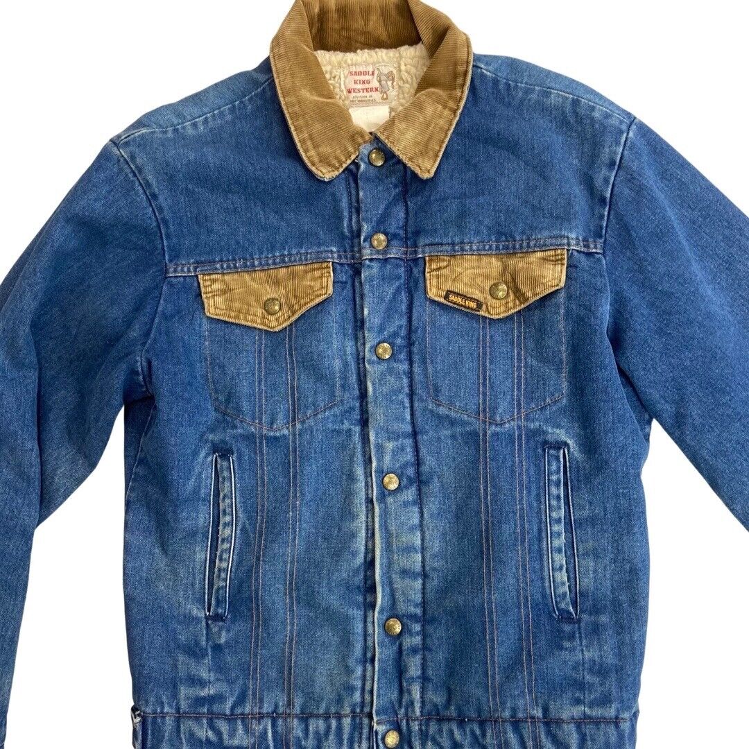 VTG 70s DENIM KEY SADDLE KING WESTERN SHERPA LINED TRUCKER RODEO JACKET 38” S