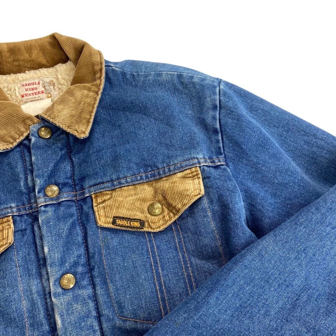 VTG 70s DENIM KEY SADDLE KING WESTERN SHERPA LINED TRUCKER RODEO JACKET 38” S