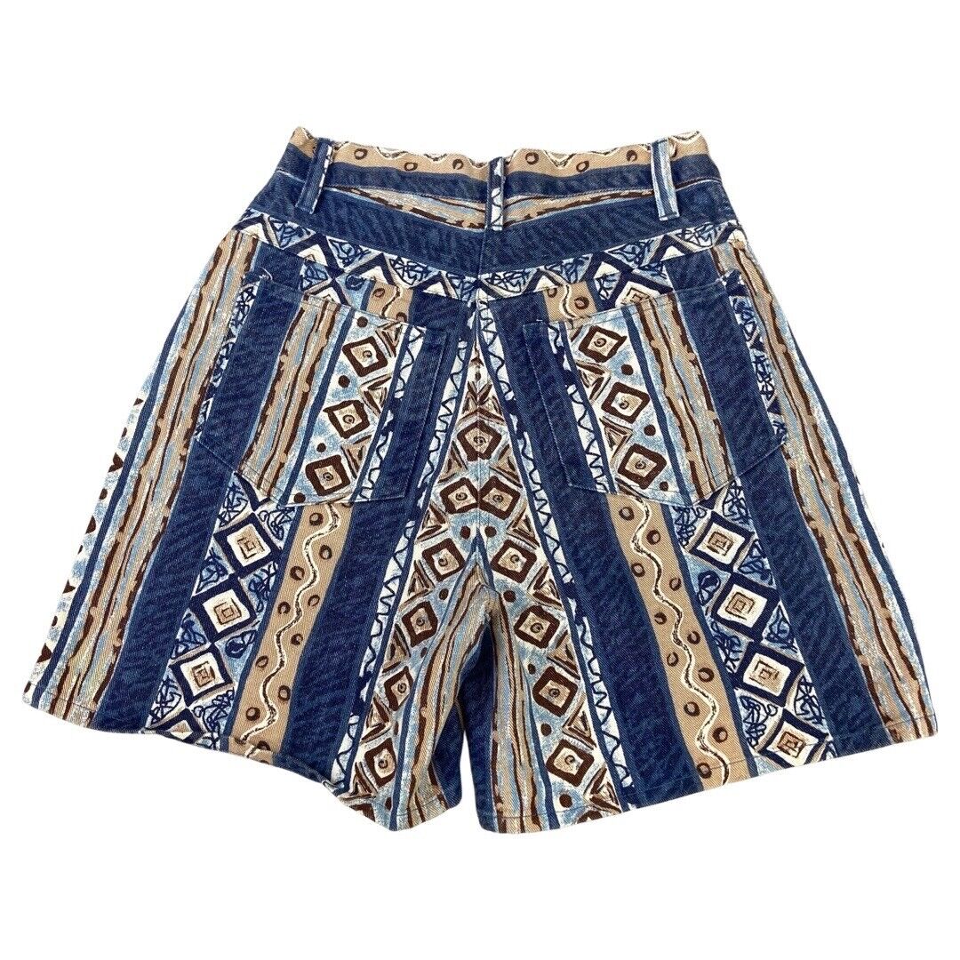 Vintage 90s 00s Blue Cream Aztec Geometric Print High Wasted Denim Shorts 8 10 S