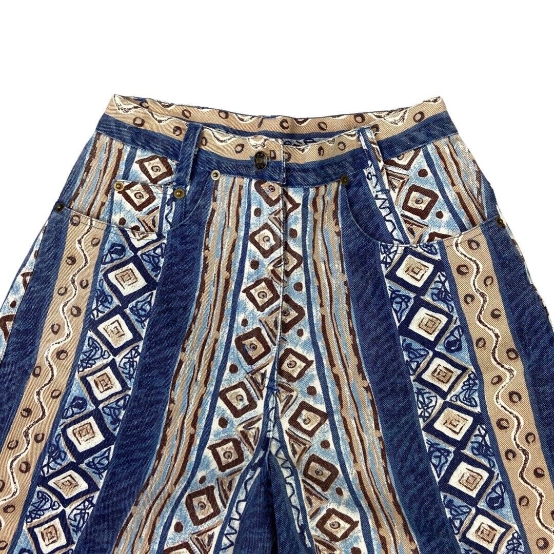 Vintage 90s 00s Blue Cream Aztec Geometric Print High Wasted Denim Shorts 8 10 S