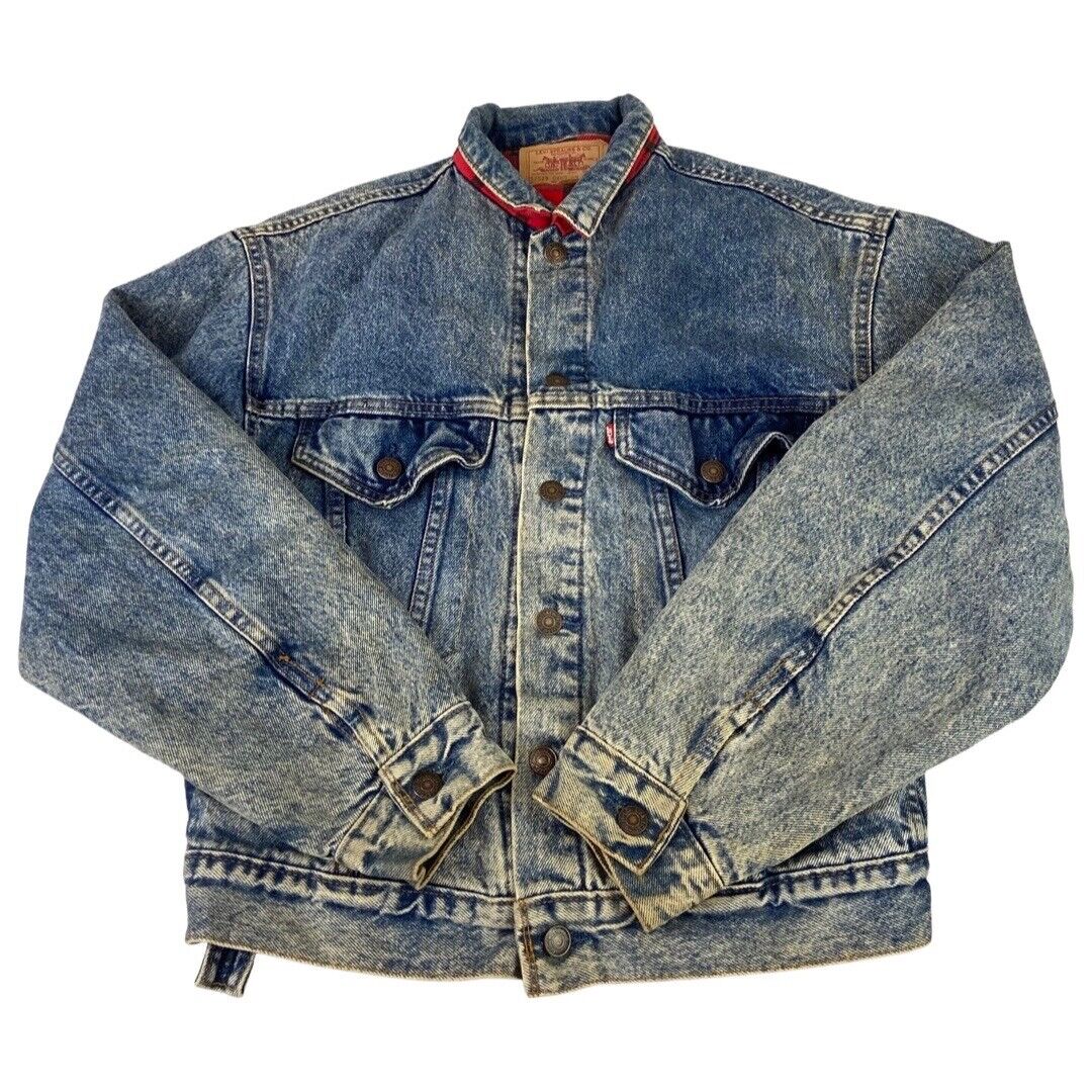 VTG 80s USA LEVIS RED TAB PLAID FLANNEL LINED TYPE 3 DENIM TRUCKER JACKET 38” S