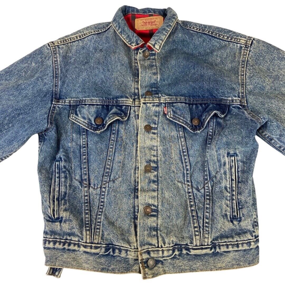 VTG 80s USA LEVIS RED TAB PLAID FLANNEL LINED TYPE 3 DENIM TRUCKER JACKET 38” S