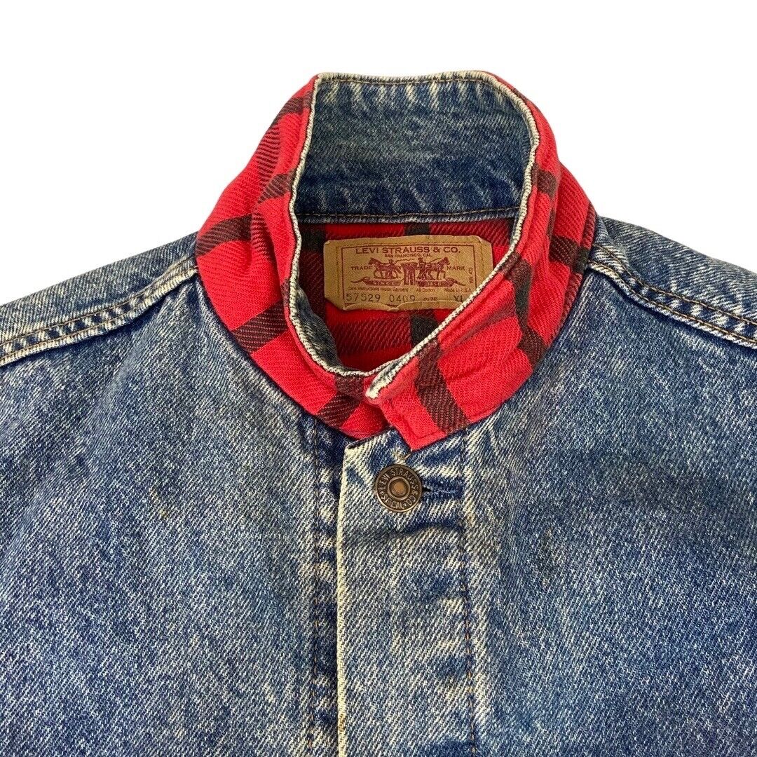 VTG 80s USA LEVIS RED TAB PLAID FLANNEL LINED TYPE 3 DENIM TRUCKER JACKET 38” S