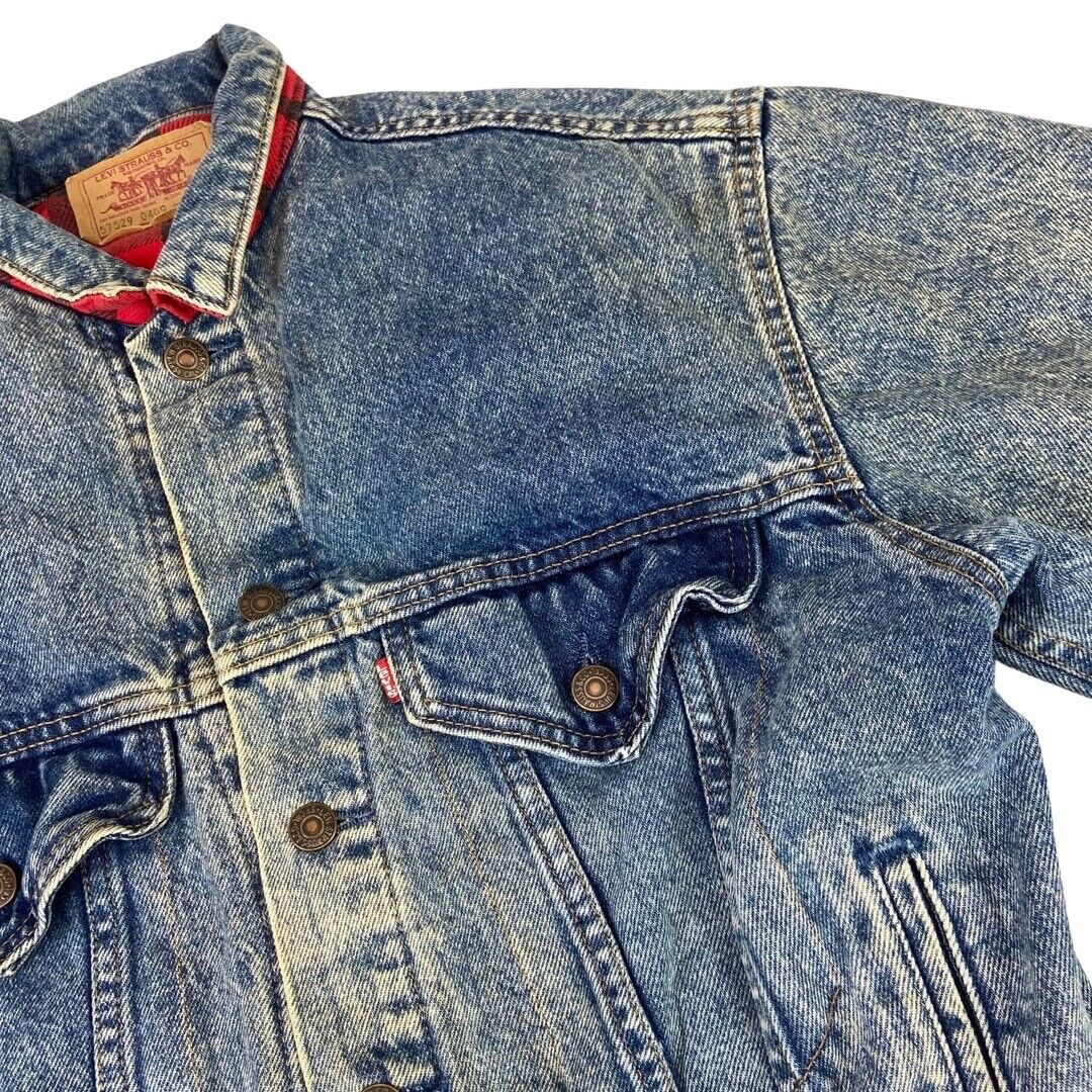 VTG 80s USA LEVIS RED TAB PLAID FLANNEL LINED TYPE 3 DENIM TRUCKER JACKET 38” S