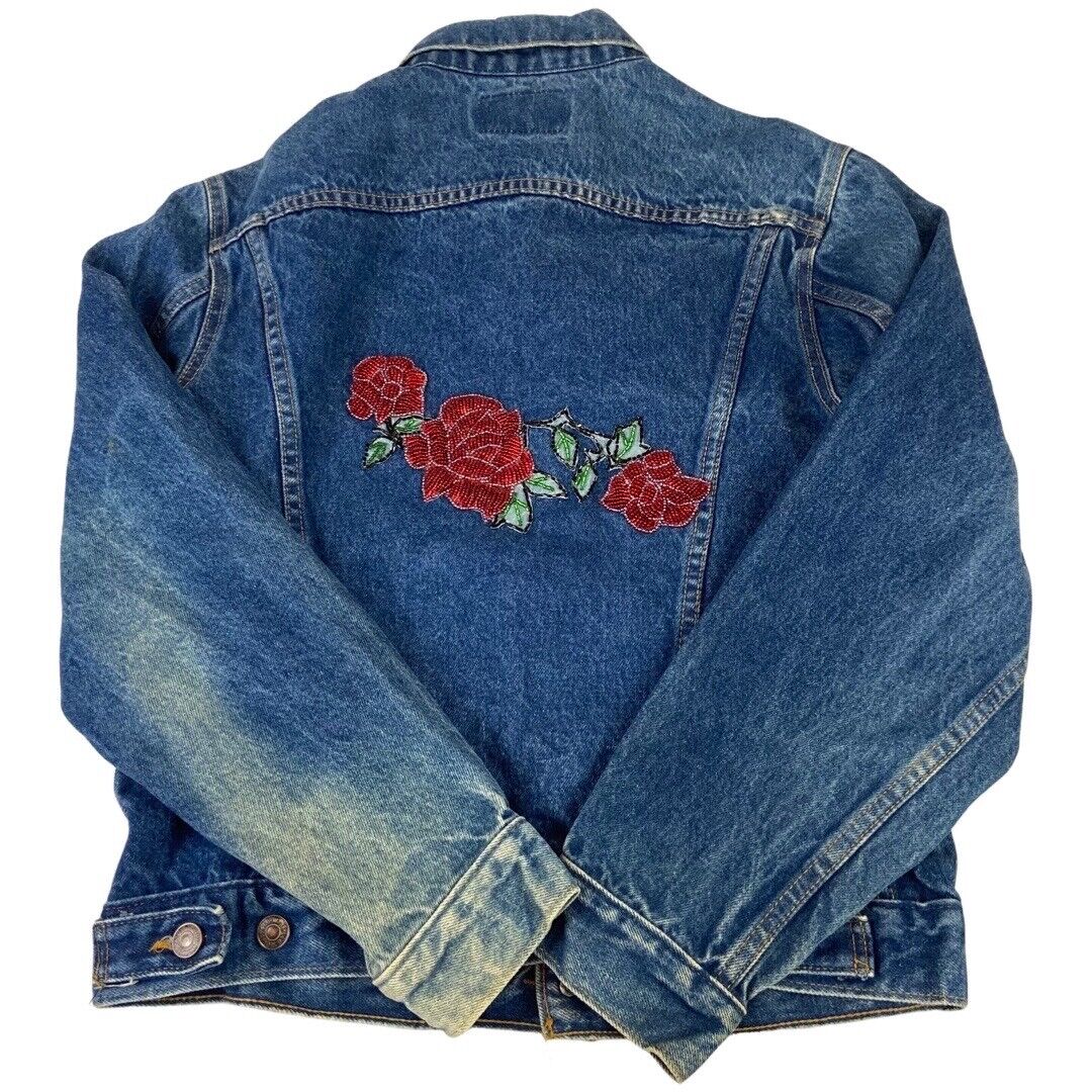 VTG 80s CUSTOMISED GLASS ROSES TYPE 3 TRUCKER DENIM JACKET ROCKABILLY MOD 34” XS