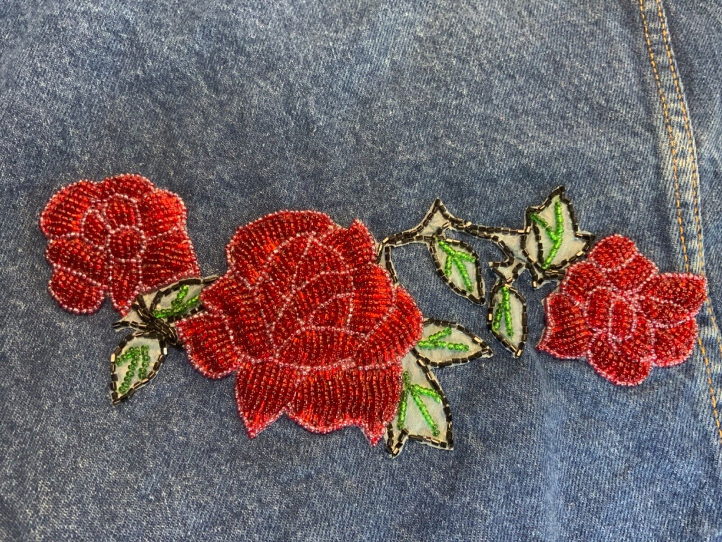 VTG 80s CUSTOMISED GLASS ROSES TYPE 3 TRUCKER DENIM JACKET ROCKABILLY MOD 34” XS