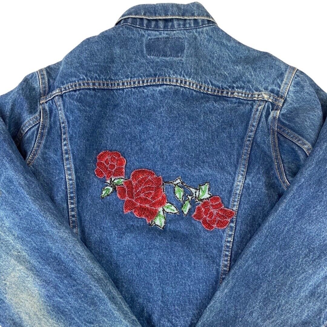 VTG 80s CUSTOMISED GLASS ROSES TYPE 3 TRUCKER DENIM JACKET ROCKABILLY MOD 34” XS