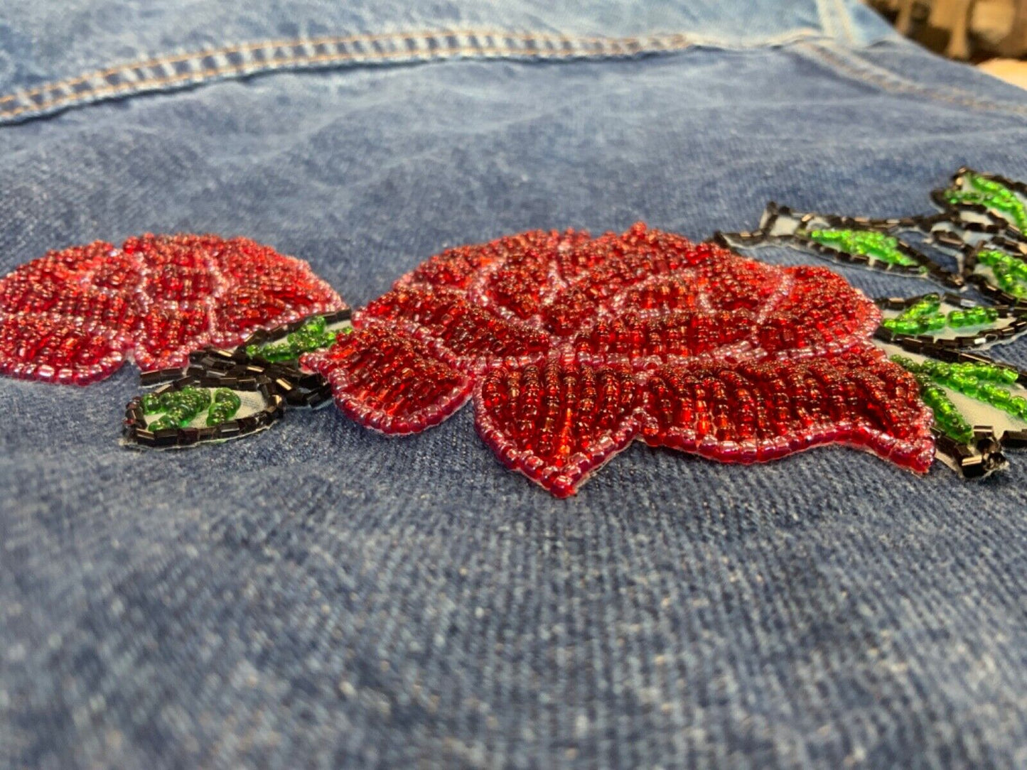 VTG 80s CUSTOMISED GLASS ROSES TYPE 3 TRUCKER DENIM JACKET ROCKABILLY MOD 34” XS