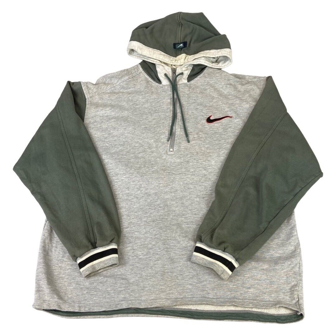 Vintage Retro 1990s Grey & Khaki Green Nike 1/2 Zip Pull Over Hooded Sweat XL