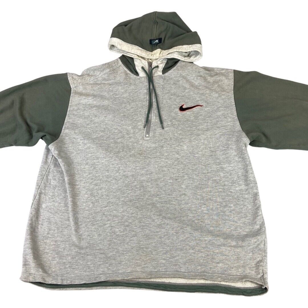 Vintage Retro 1990s Grey & Khaki Green Nike 1/2 Zip Pull Over Hooded Sweat XL