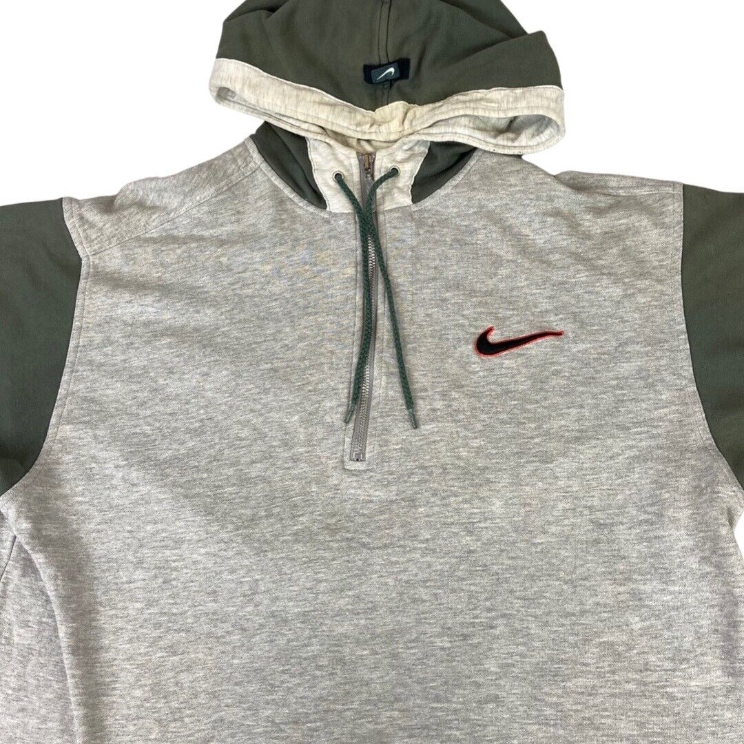 Vintage Retro 1990s Grey & Khaki Green Nike 1/2 Zip Pull Over Hooded Sweat XL