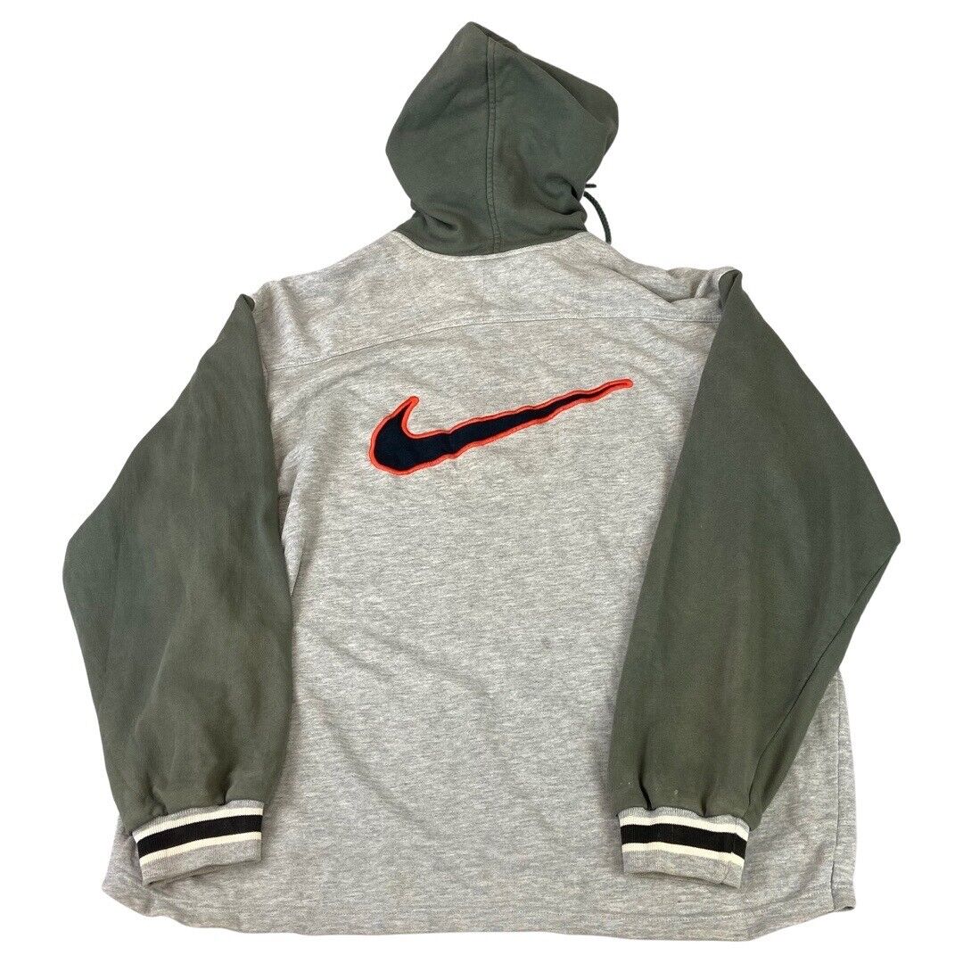 Vintage Retro 1990s Grey & Khaki Green Nike 1/2 Zip Pull Over Hooded Sweat XL
