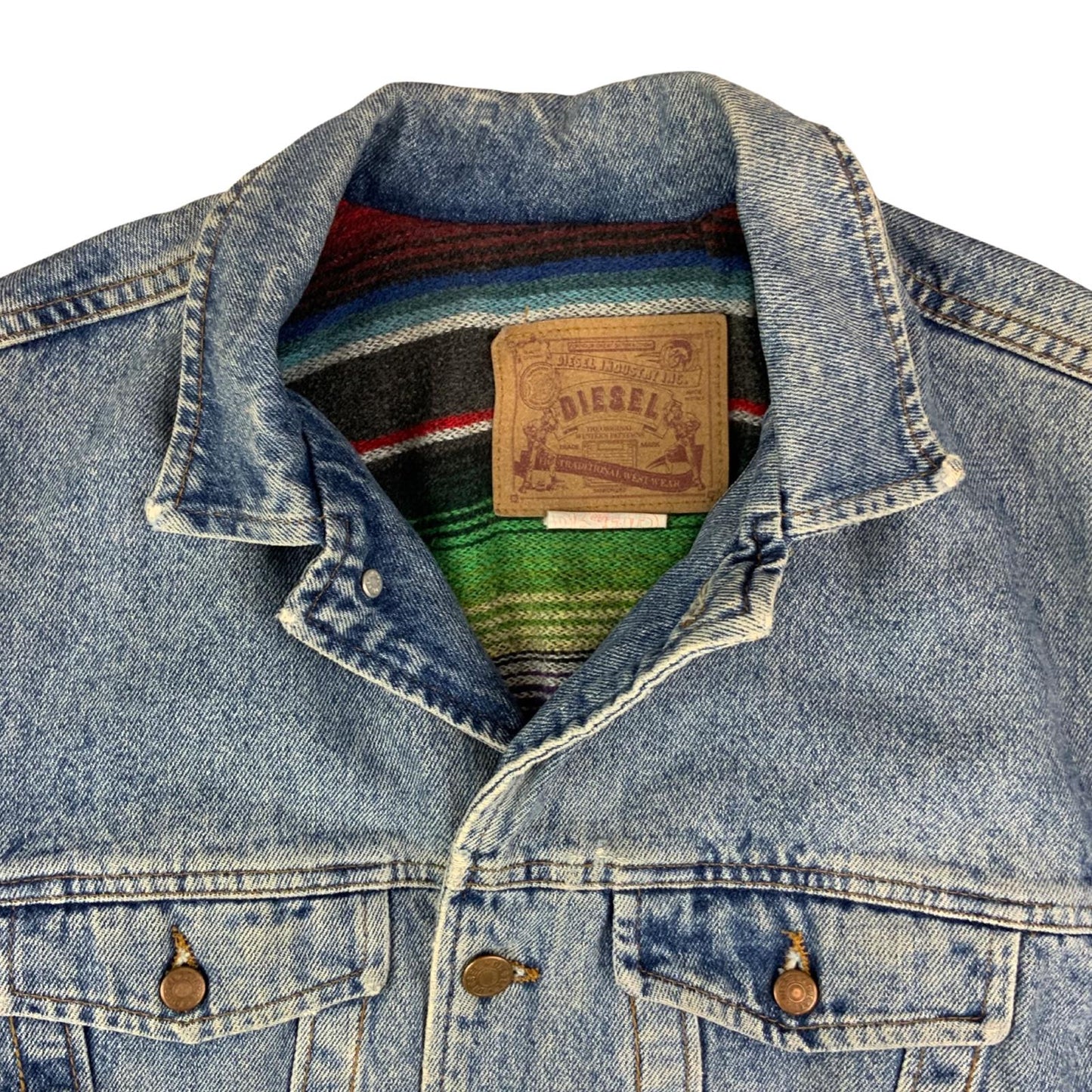 VTG 90s LADIES ITALIAN DIESEL MEXICAN SERAPE BLANKET LINED DENIM JACKET sz12 34”
