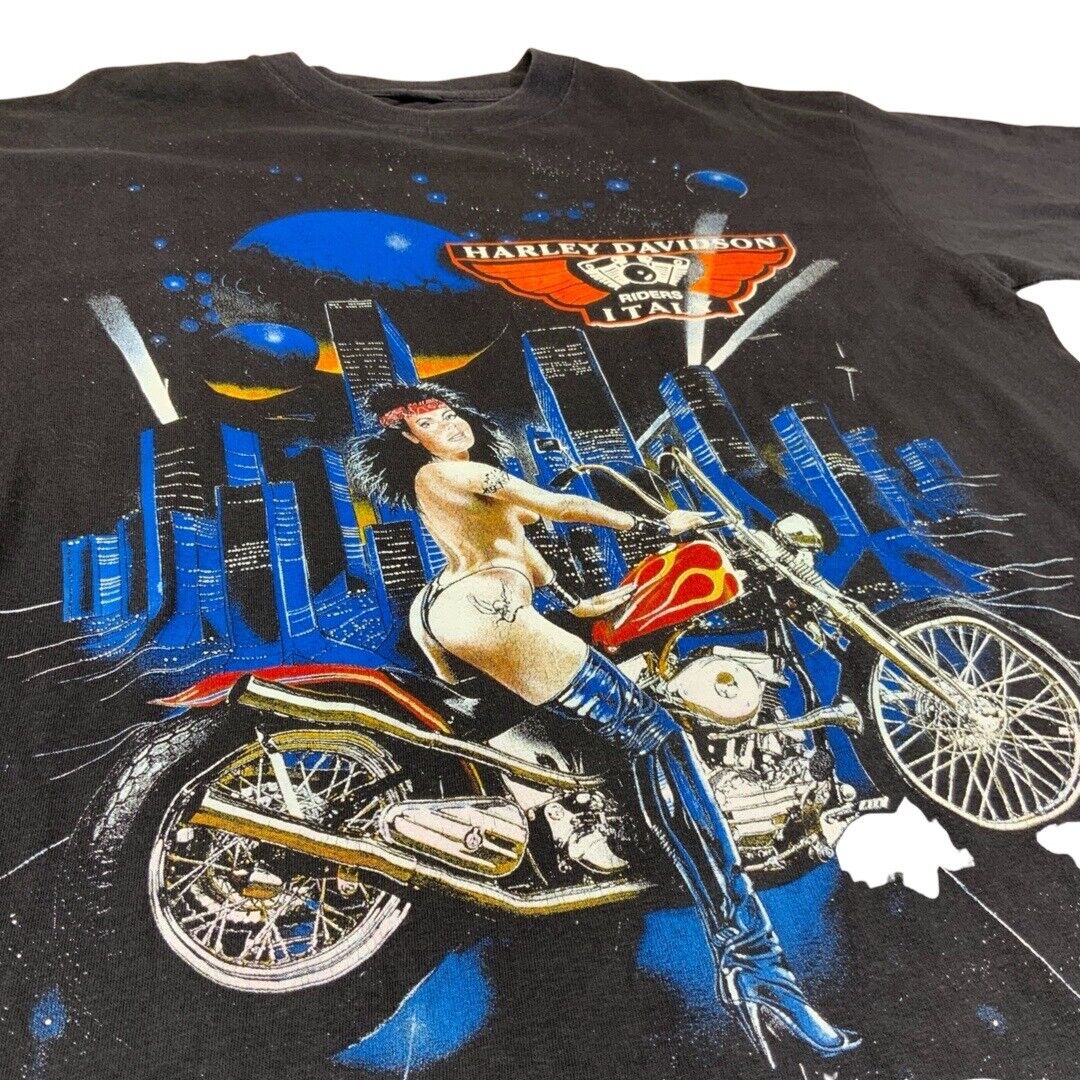 Vintage 1999 Black Harley Davidson Riders Italy Double Sided Graphic T-Shirt Lrg