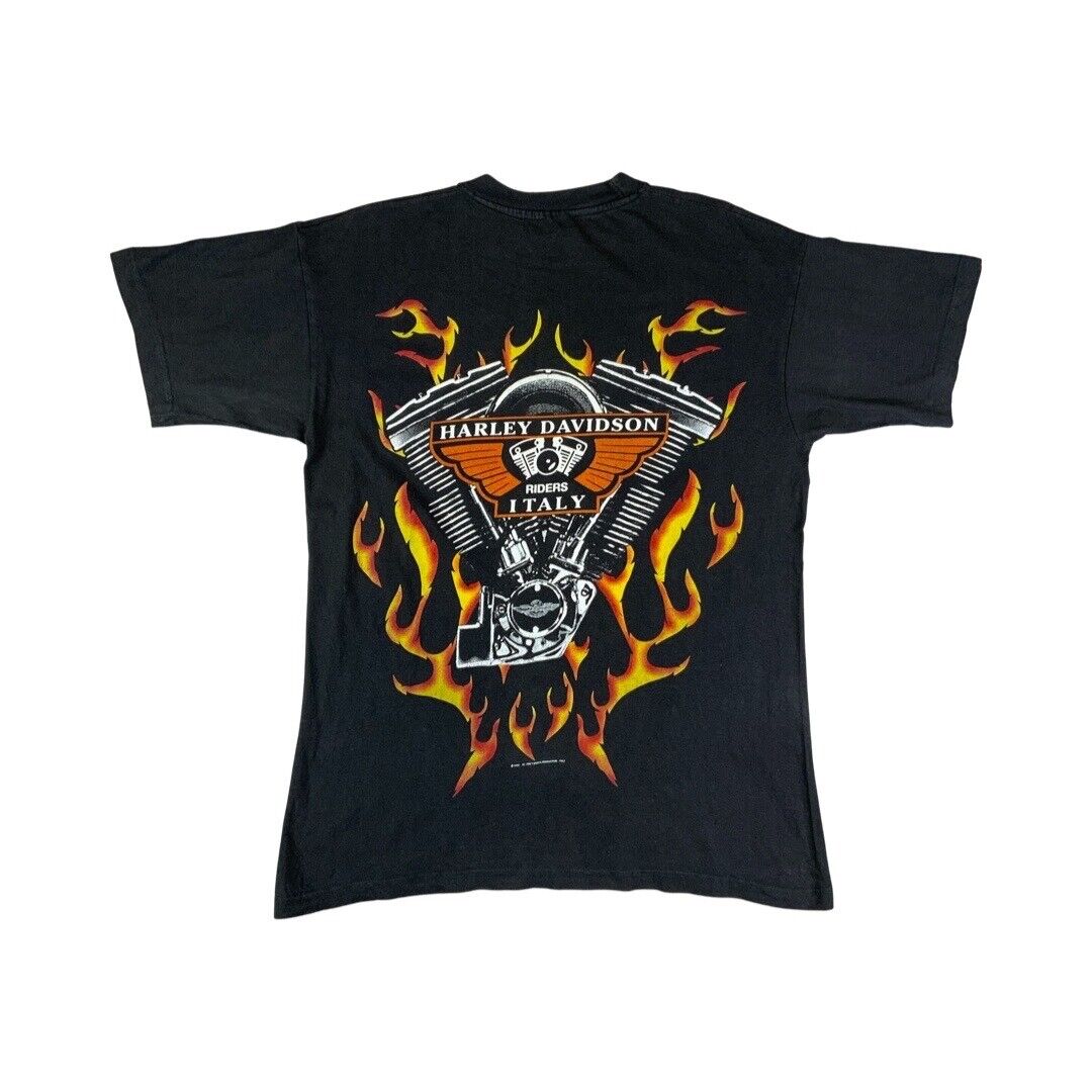 Vintage 1999 Black Harley Davidson Riders Italy Double Sided Graphic T-Shirt Lrg
