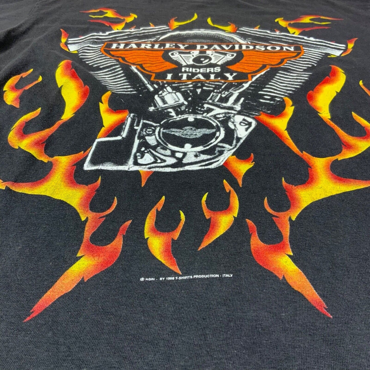 Vintage 1999 Black Harley Davidson Riders Italy Double Sided Graphic T-Shirt Lrg