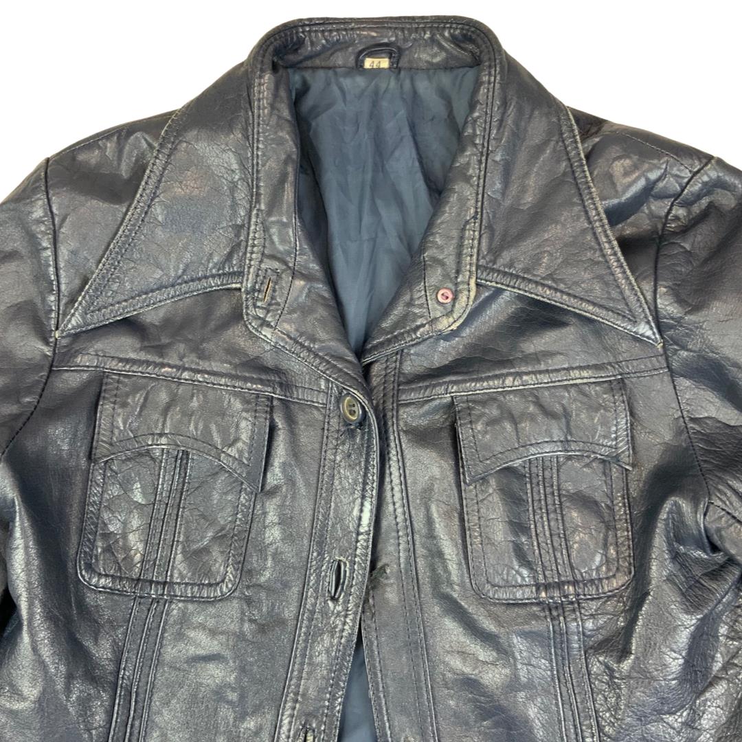 VTG 70s UNISEX BLUE LEATHER JACKET COAT BLAZER BIG COLLARS DISCO MOD 34” XS