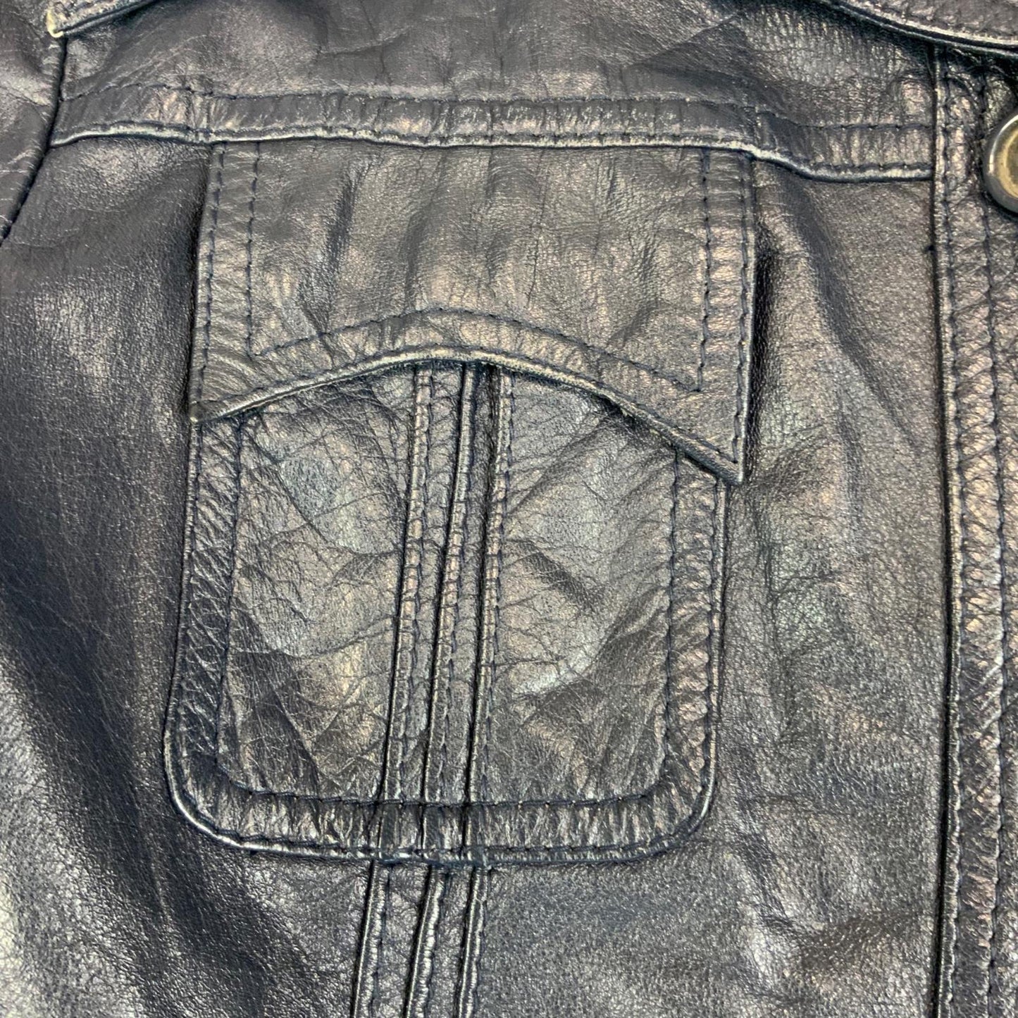 VTG 70s UNISEX BLUE LEATHER JACKET COAT BLAZER BIG COLLARS DISCO MOD 34” XS