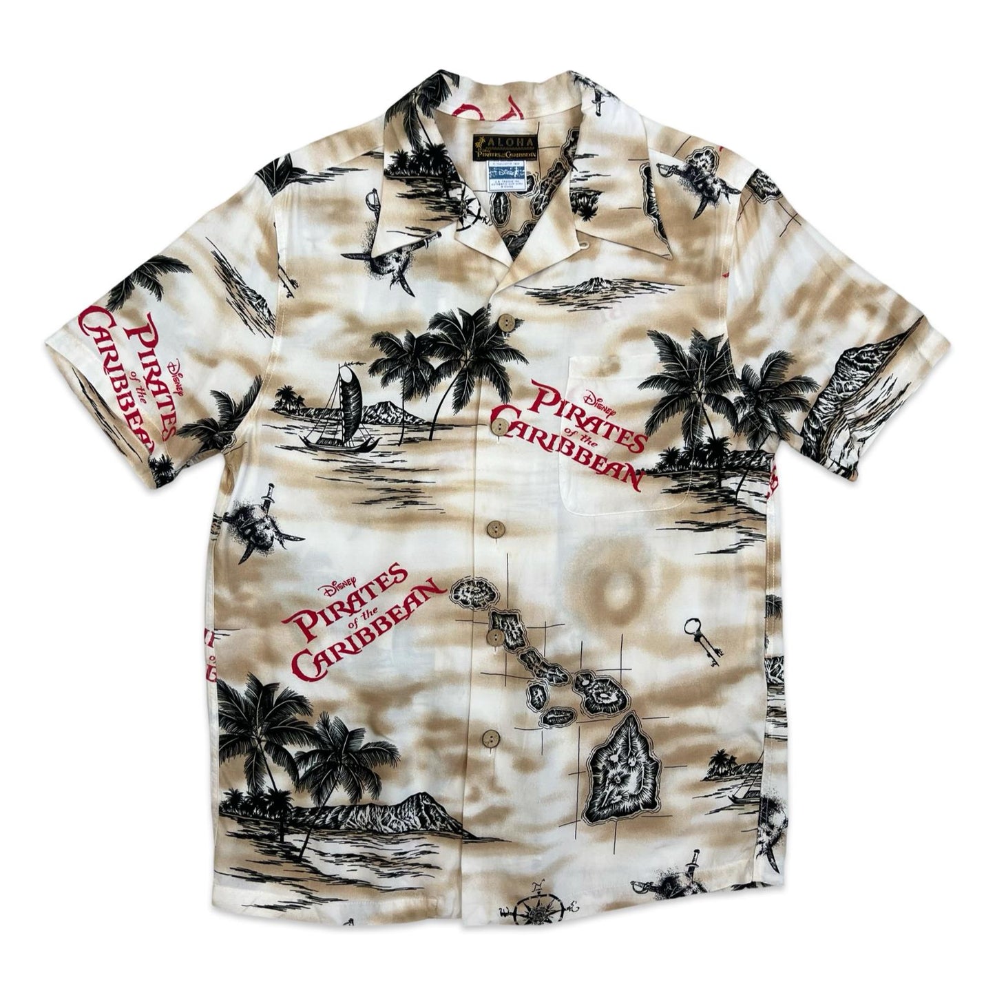 GENUINE RARE COLLECTIBLE DISNEY PIRATES OF CARIBBEAN HAWAIIAN ALOHA SHIRT S 36”