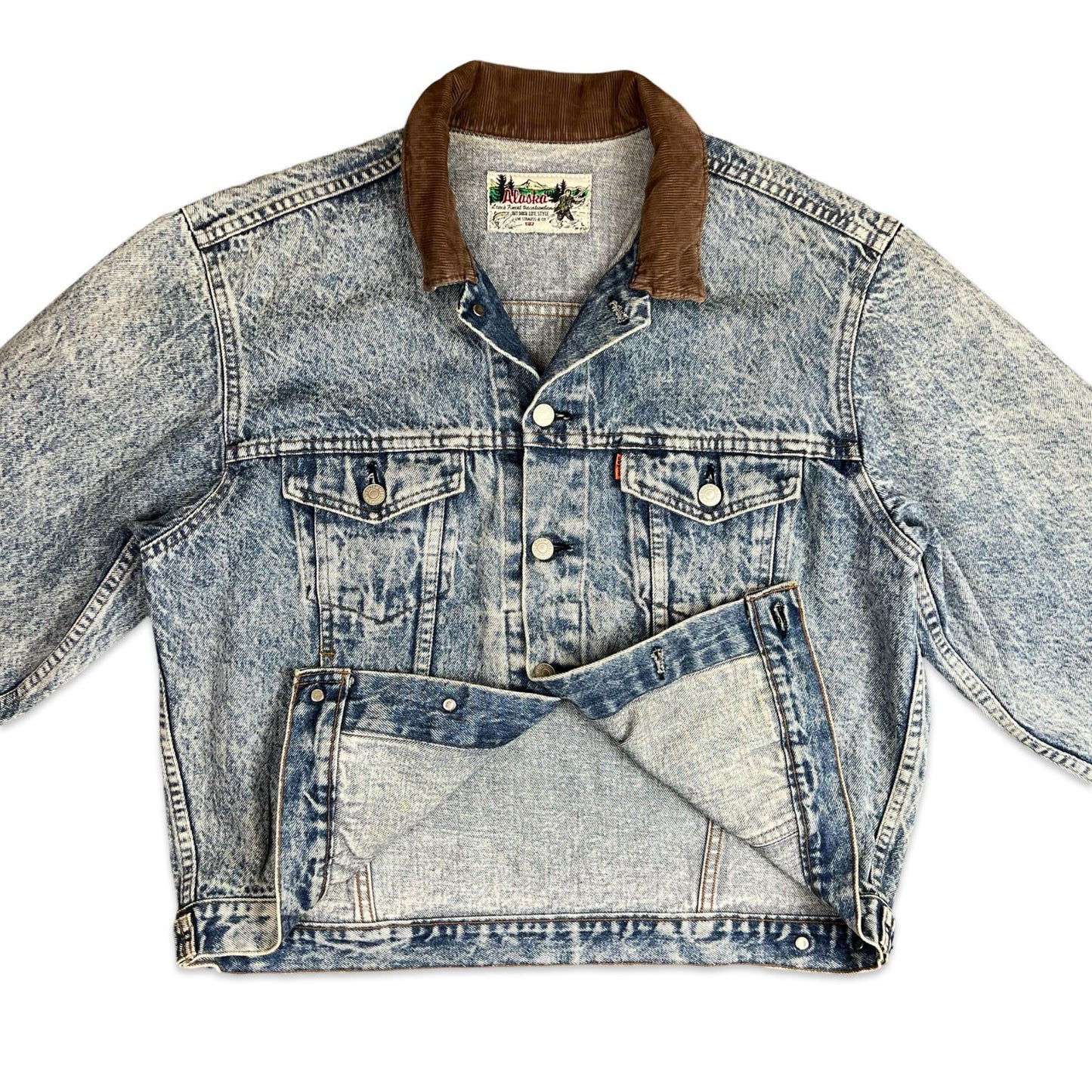 VTG 1980s LEVIS ALASKA ORANGE TAB ACID WASH DENIM JACKET L 42